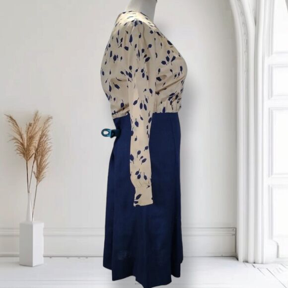 Vintage 70s Secretary Midi Dress Size 8 Blue Tulip Floral Print Long Sleeve - Picture 5 of 12